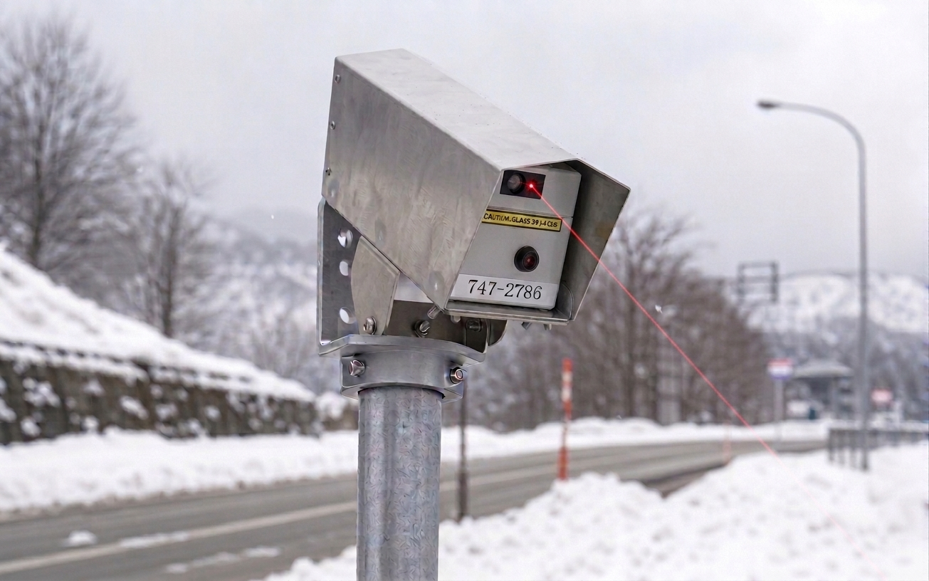 雪道沿いのポールに設置されたTABsnowレーザー積雪深計